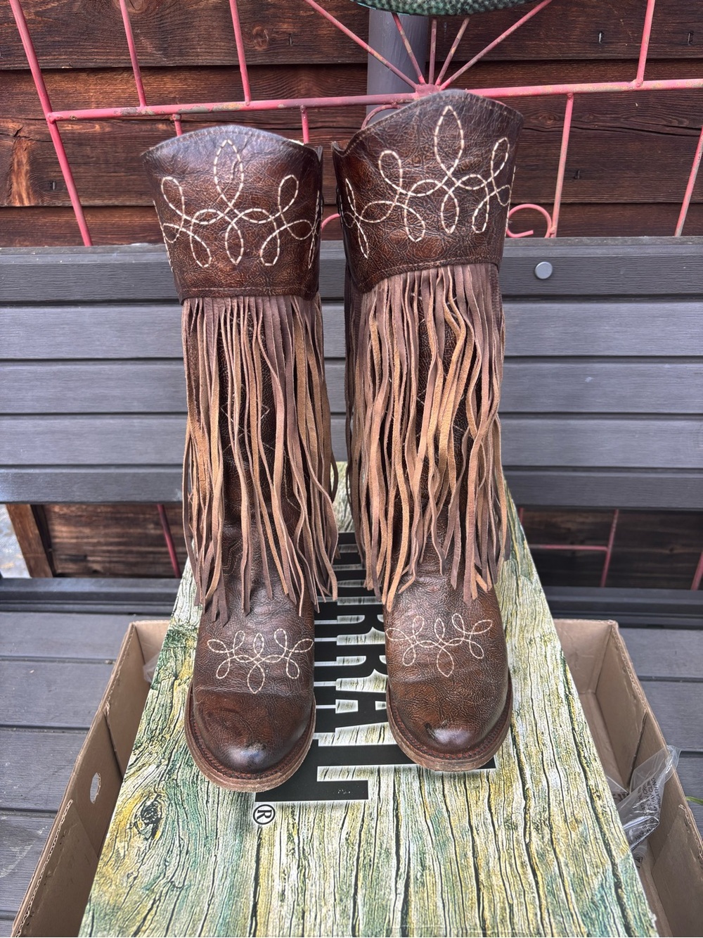 Corral Brown Leather Fringe Western Heeled Boots with White Stitching